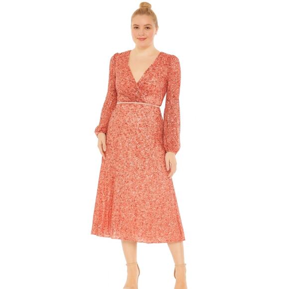 Mac Duggal Sequined Puff Sleeve Wrap Over A Line Dress 16 Coral NWT - Picture 1 of 11